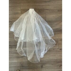 White Two Tier Tulle Bridal Veil with Pearl and Crystal Beaded Scalloped Edge